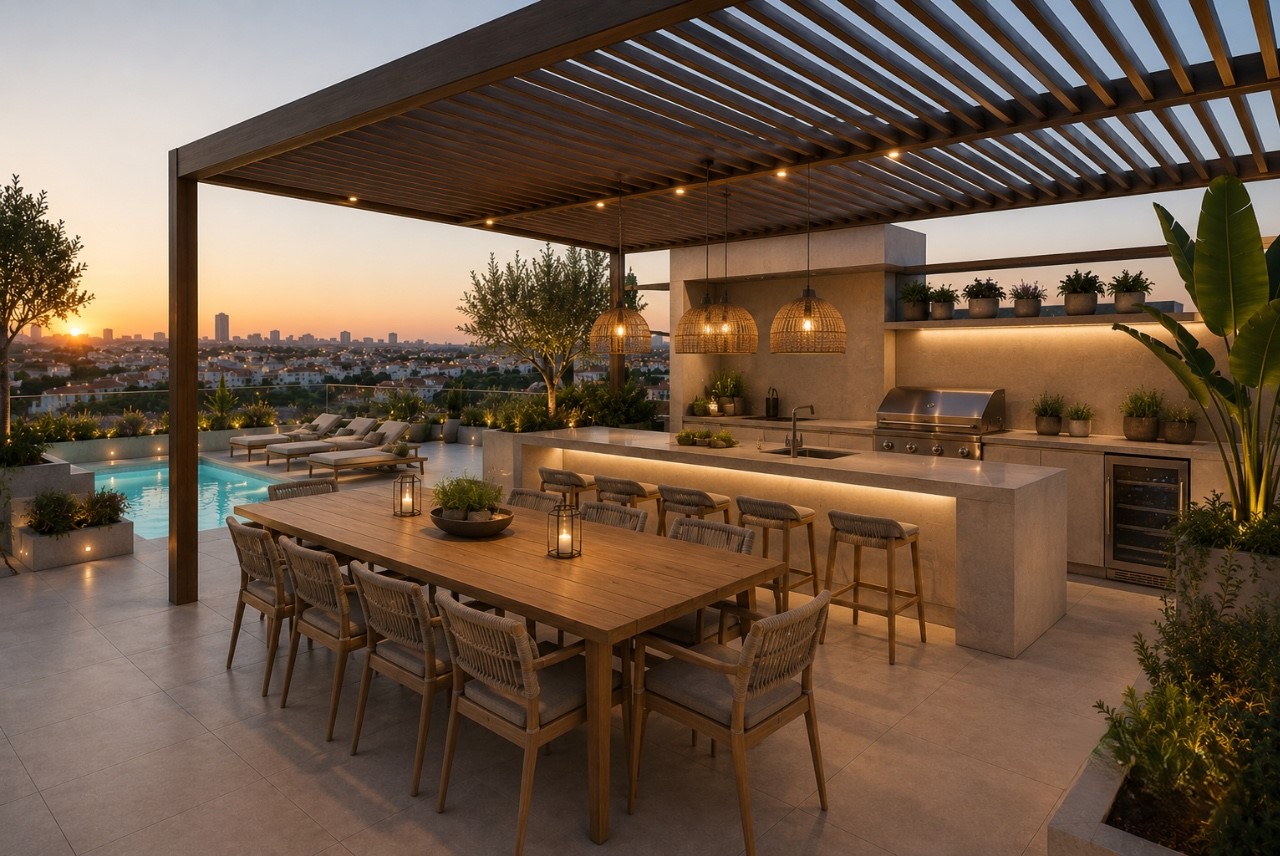 Outdoor kitchen area on the rooftop